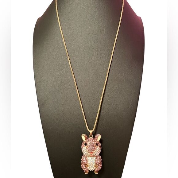 Vintage Betsey Johnson Big Rhinestone Bunny Rose Gold Tone Necklace - Picture 3 of 6